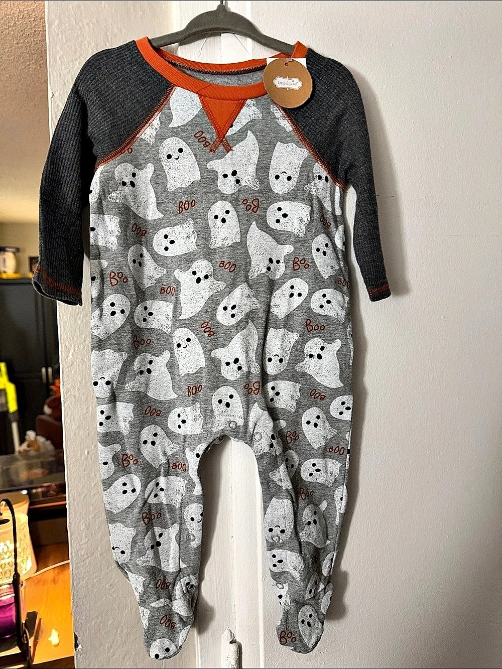 Mud Pie Ghost Footie Sleeper Gray & Orange Baby 6-9 Months